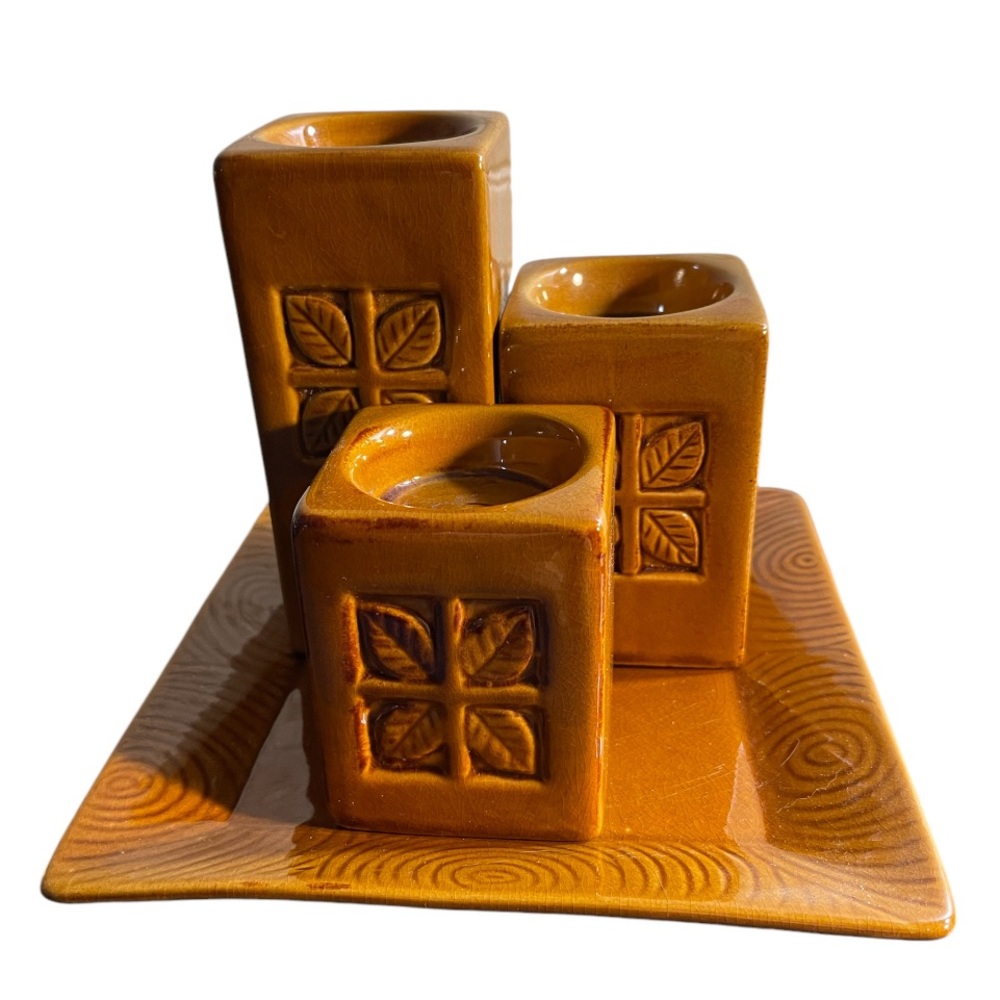 4 Pc Ceramic Set of 3 Candle Pillars 5.5" 3.75" & 3" & 7" Square Matching Dish